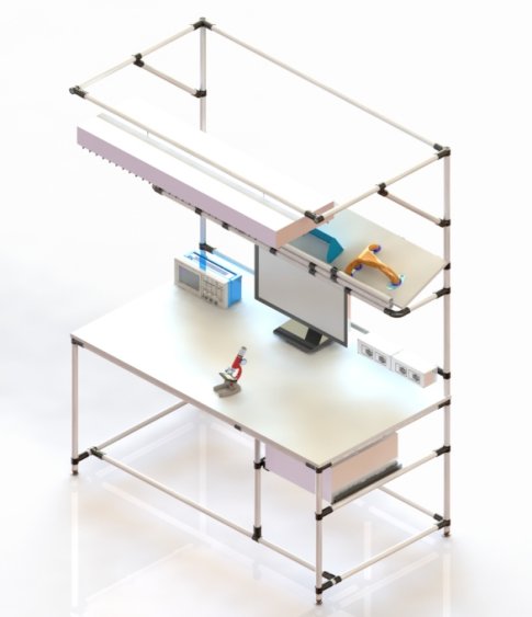 Nell'immagine: Banco attrezzato per laboratori di qualità e analisi. Alta visibilità grazie alla dotazione di lampada alta risoluzione.